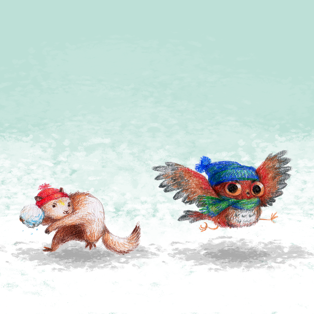 Owl playing in the snow with weasel