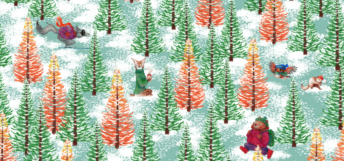 Pattern containing taiga forest animals (bear, lynx, owl, weasel and wolf) among coniferous trees in orange and green tones on the snow