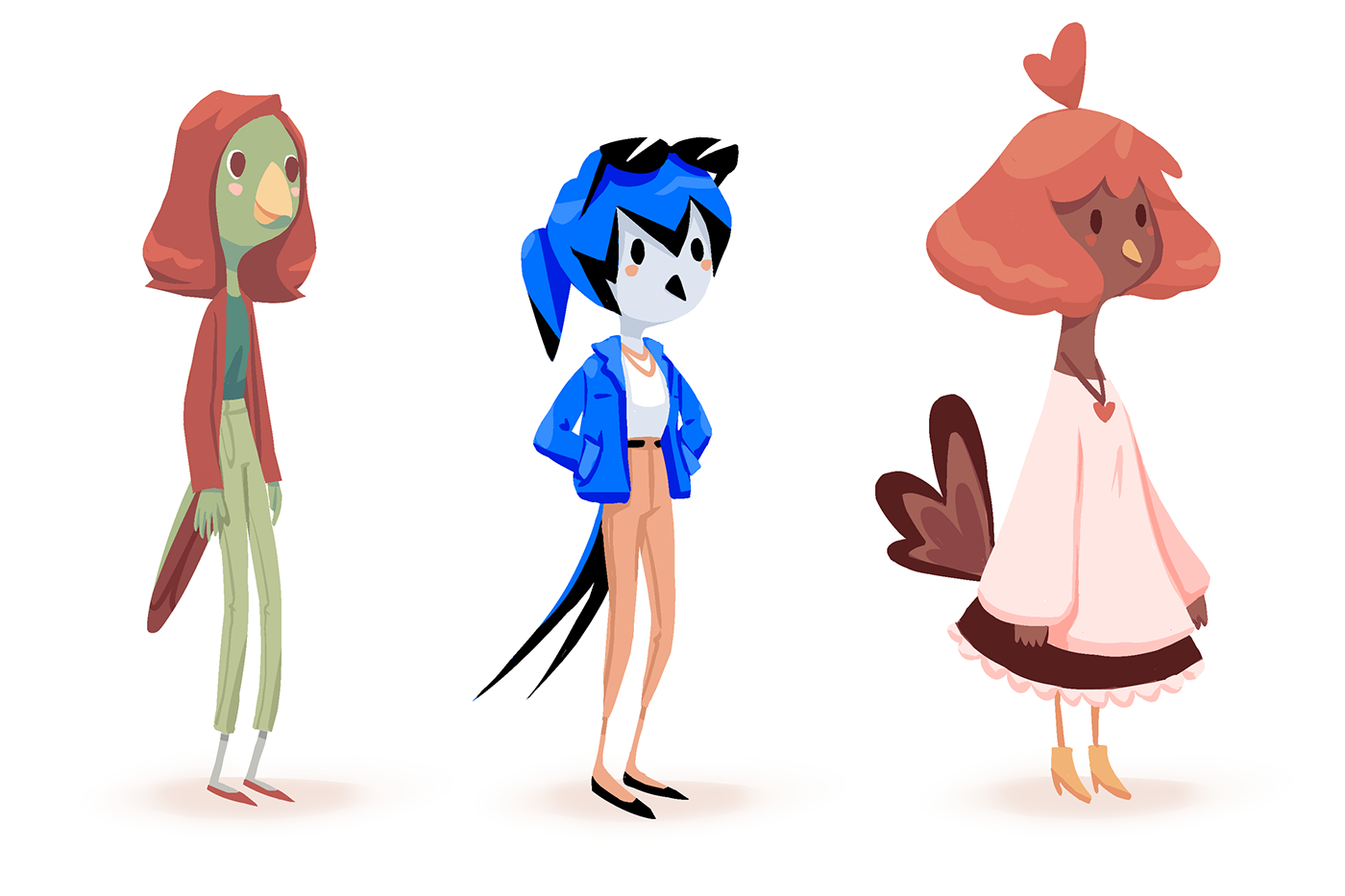 Three female humanoid characters with bird appearance: parrot, swallow and chicken