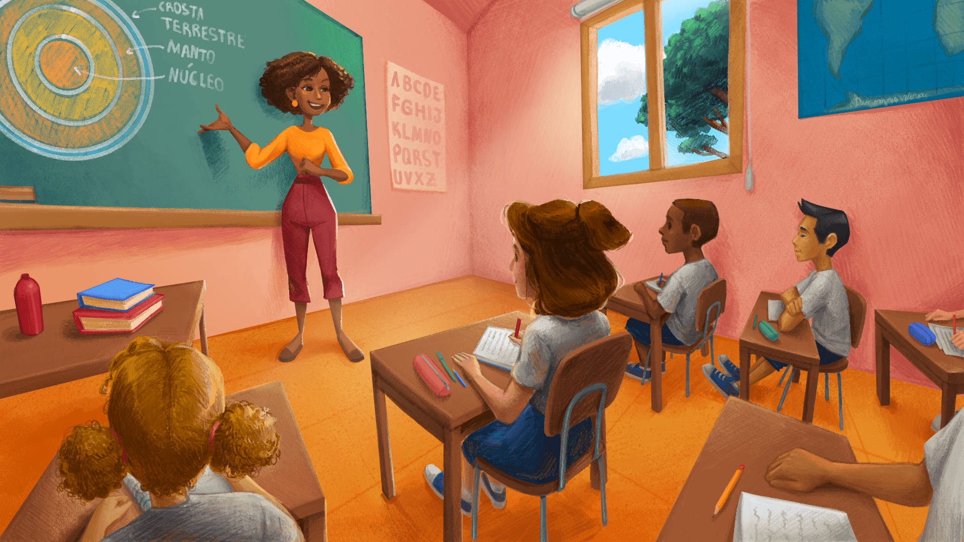 Illustration of a black teacher in red clothes teaching children of different ethnicities. The room is in salmon tones and a blackboard, a window and a world map appear in the background.