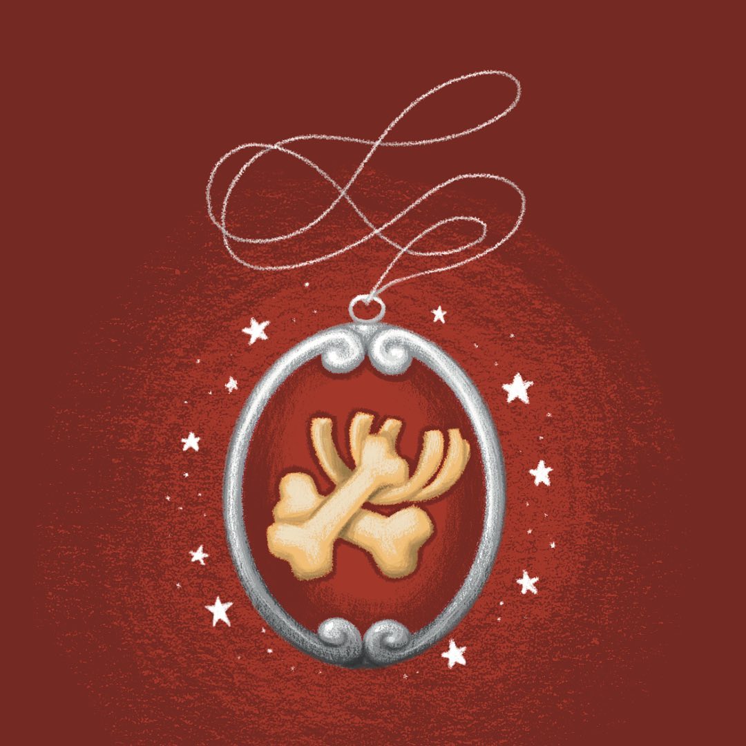 Amulet of bones and meat in a dark red background
