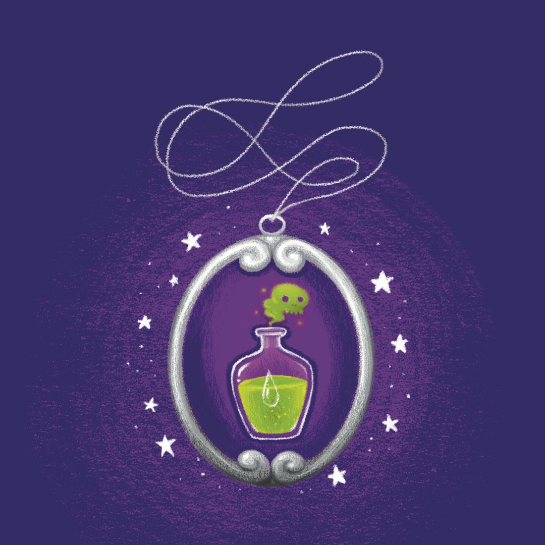 Amulet of a green poison flask in a purple background