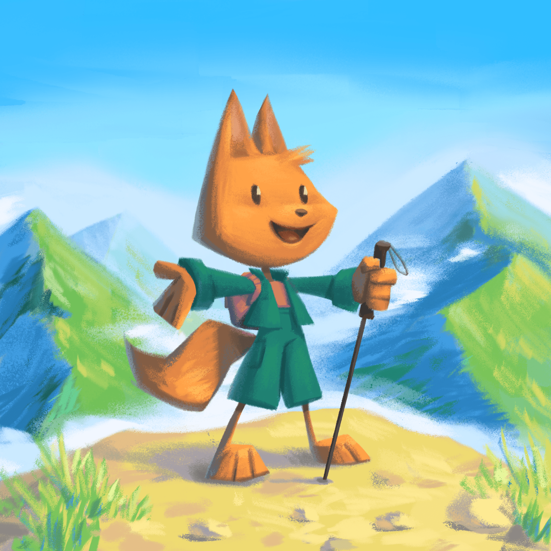 Illustration of a happy fox with climber cloths on top of a mountain