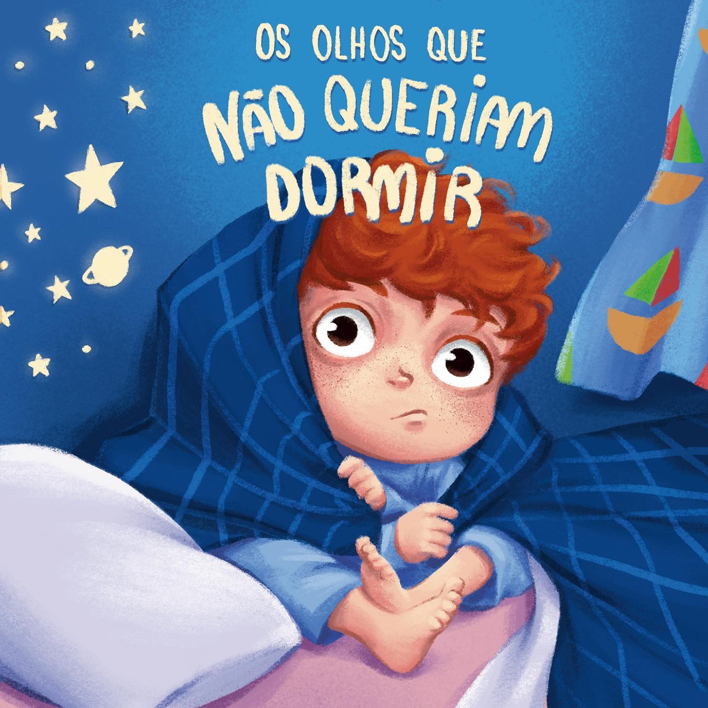 Sketch of my version of the book cover, with a red-haired child with eyes wide open, wrapped in a blanket, and colored boats on the curtain at the right side in a bedroom with blue wall and pink bed