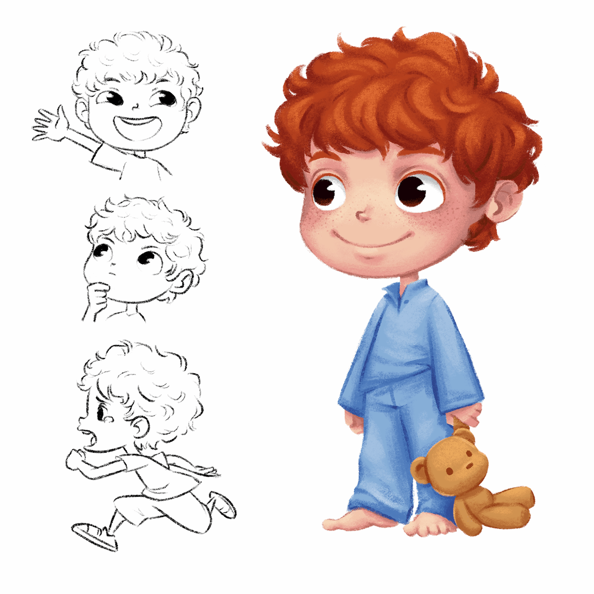 Character design of the red-haired child wearing blue pijamas, in many poses: in doubt, happy and running scaried