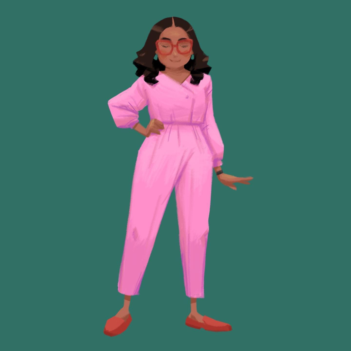 Black stylish woman wearing pink jumpsuit and red glasses in a green background