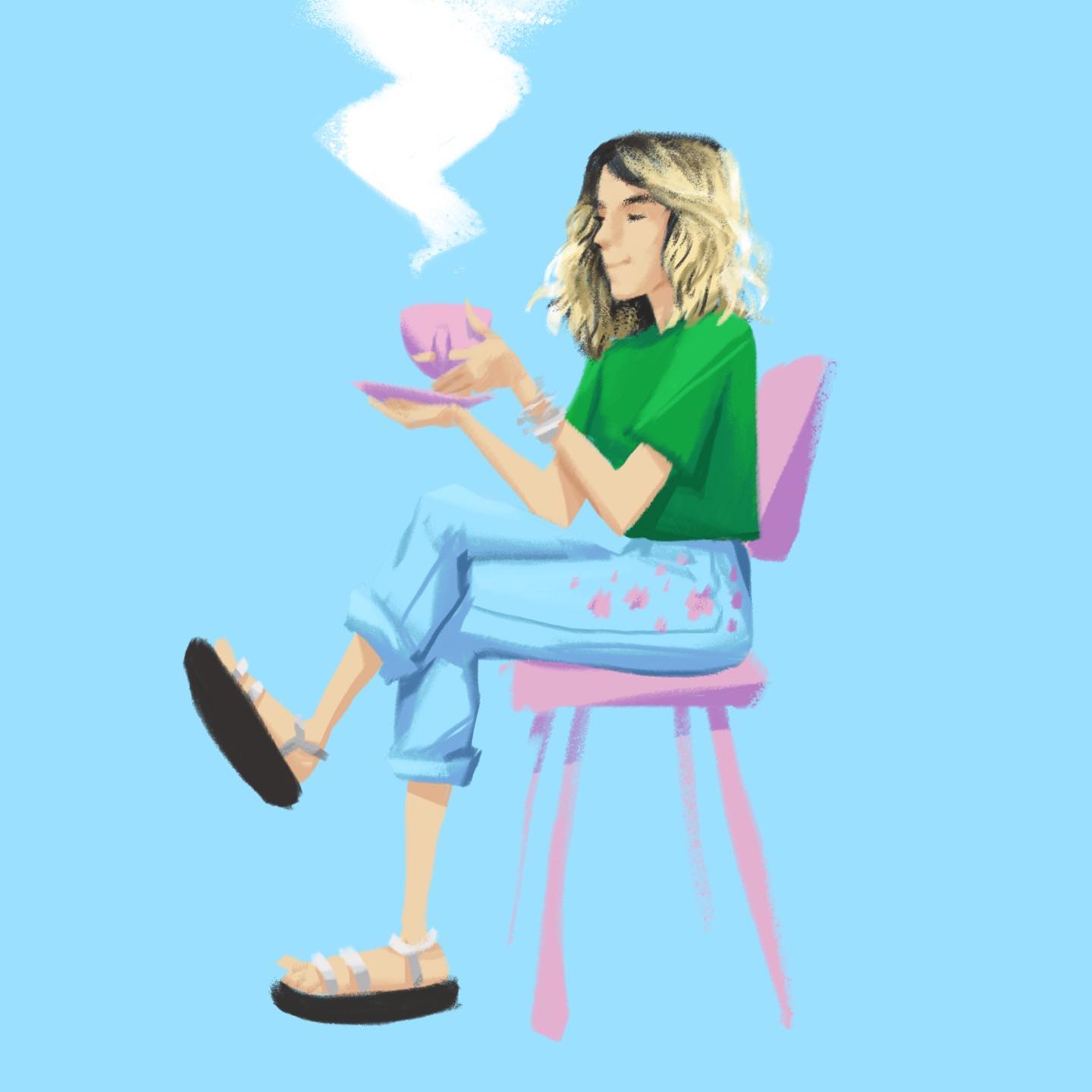 White blonde woman wearing a green t-shirt and blue jeans, drinking tea sitting on a pink stool in front of a small table in a light blue background