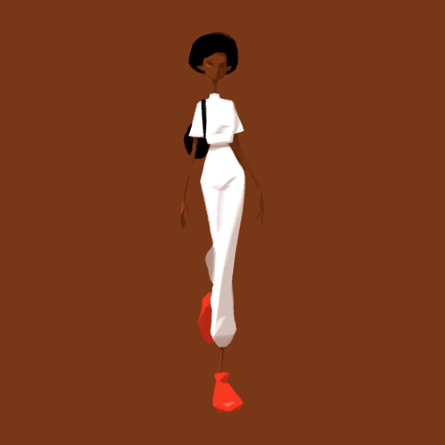 Black stylish woman wearing white and red shoes in a brown background