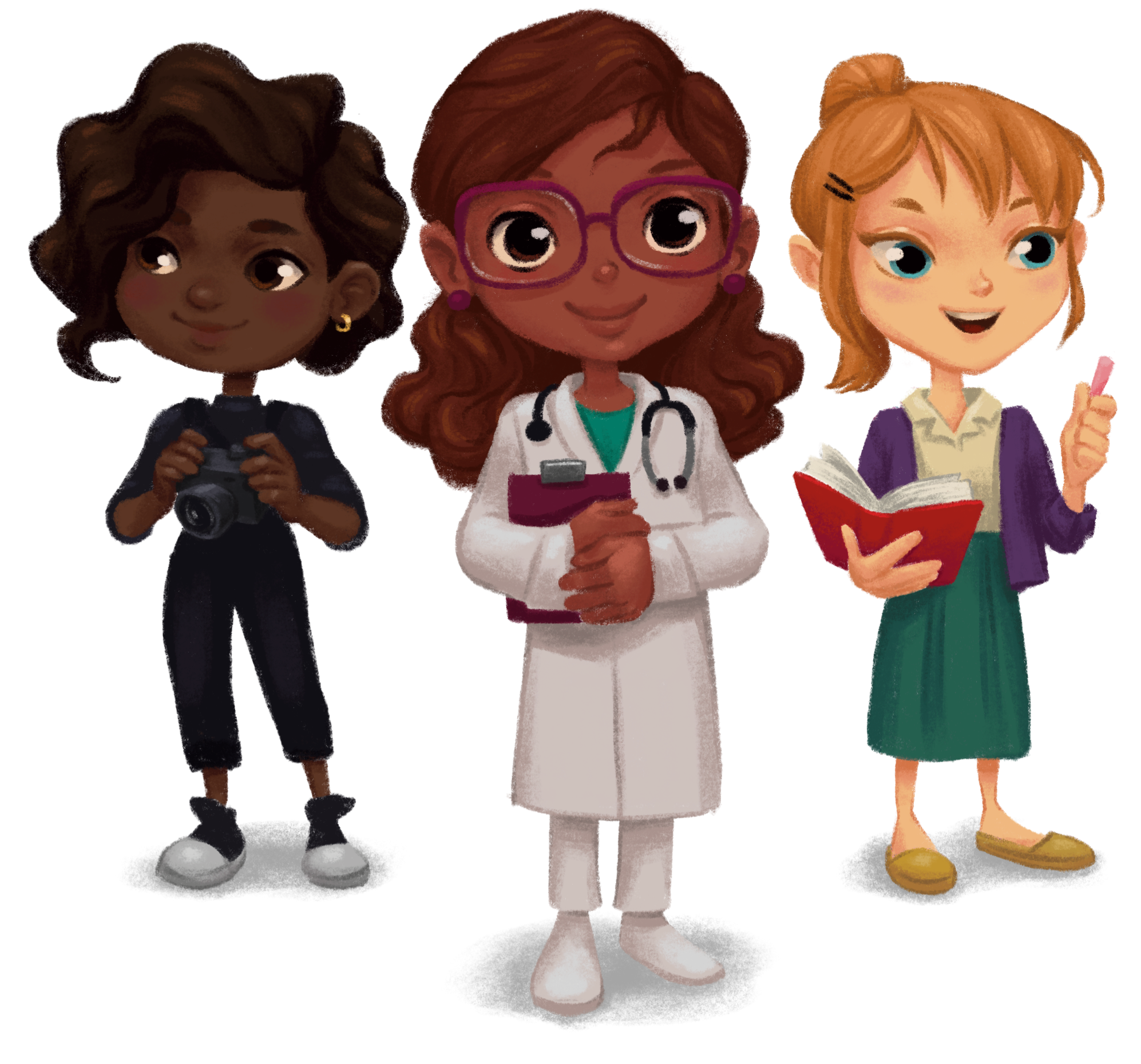 illustration of three girls in professional clothes. On the left is a black girl dressed as a photographer, in the center is a brunette girl dressed as a doctor and on the right is a white and blonde girl dressed as a teacher.