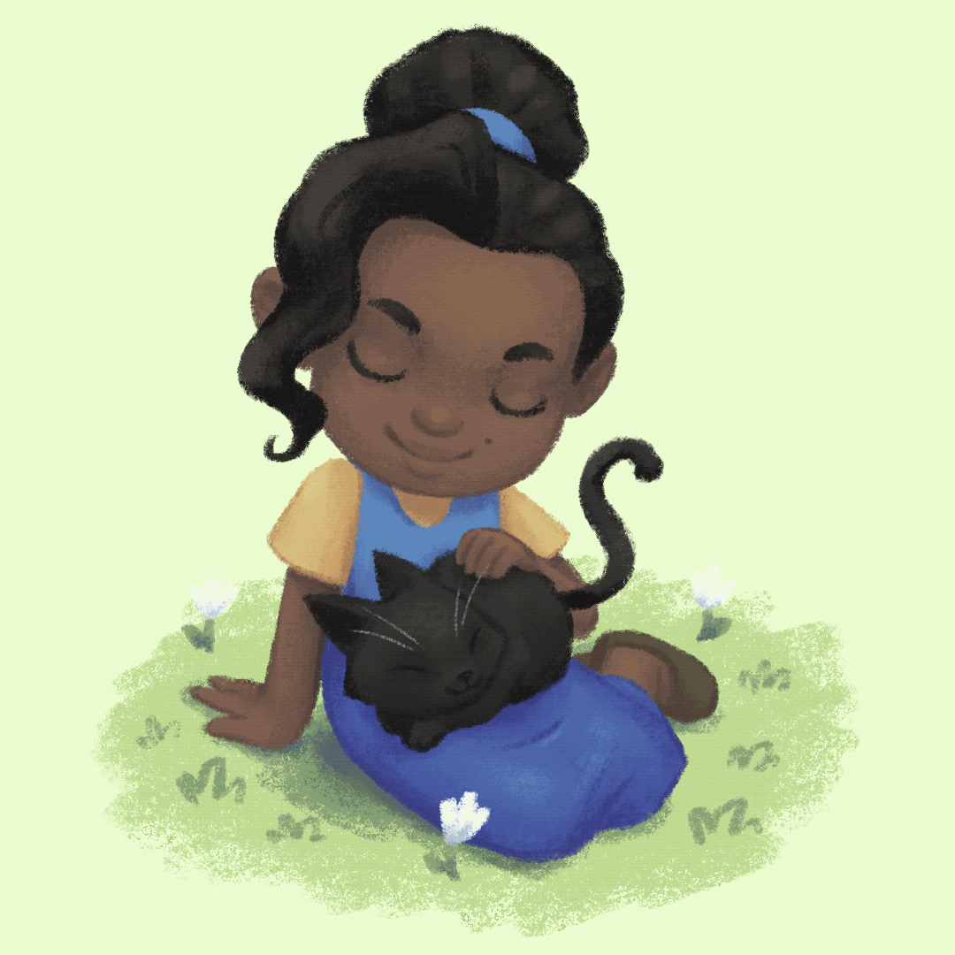 Simple loop 2D animation of a black girl in a blue and yellow dress sitting on the grass petting a black cat.