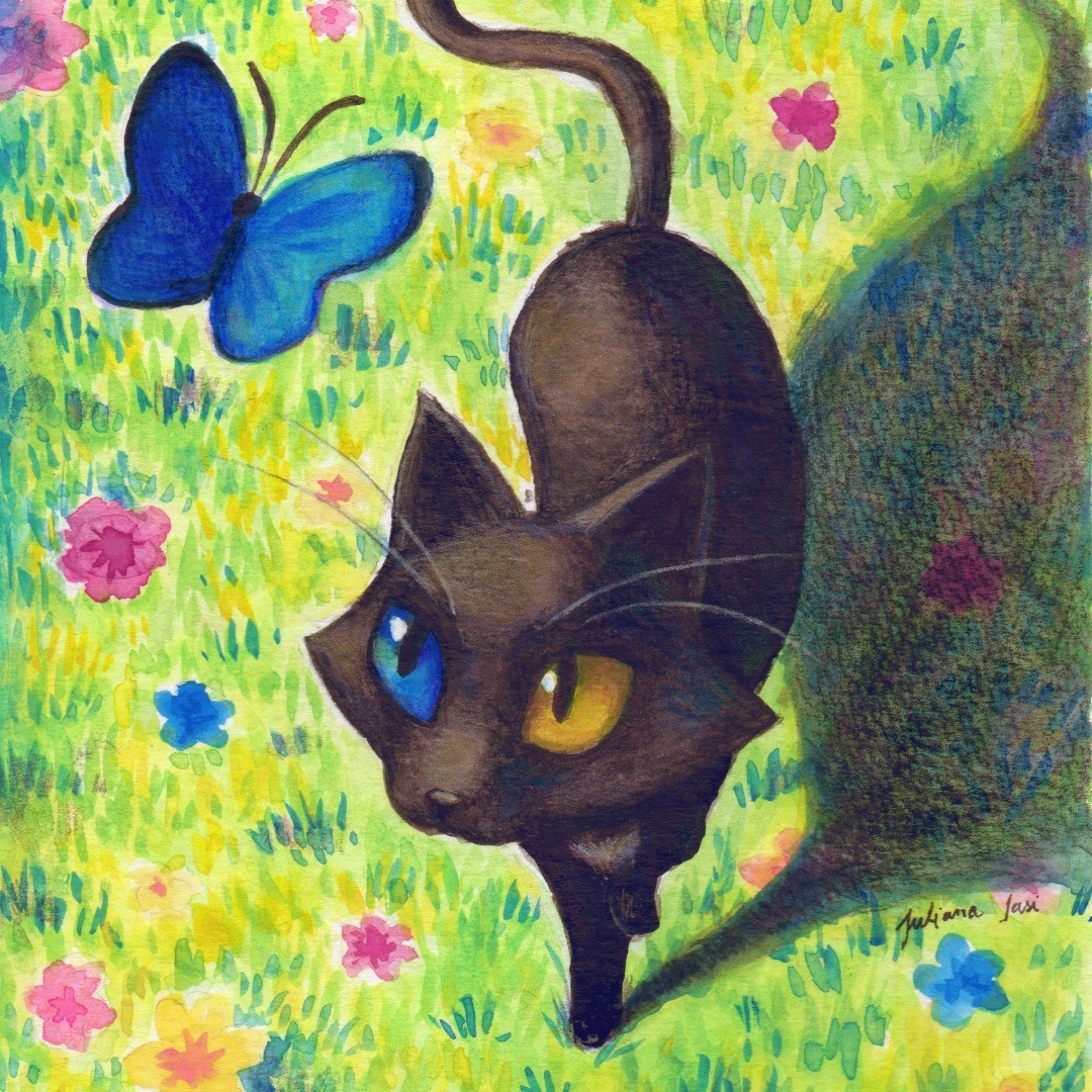 Black cat in a grass with flowers looking to a blue butterfly above
