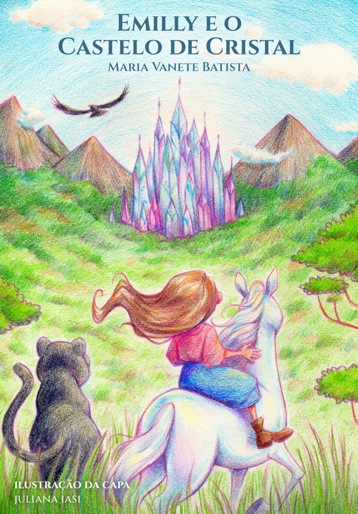 Book cover whith and illustration of girl in a white horse, together with a black panther in a forest, looking to the the crystal castle..