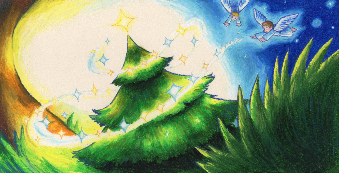 angels placing stars on the little pine tree